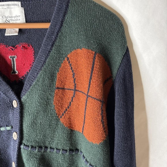 Vtg Y2K Christopher & Banks L Embroidered Basketball Cardigan Sports Sweater - Picture 4 of 12